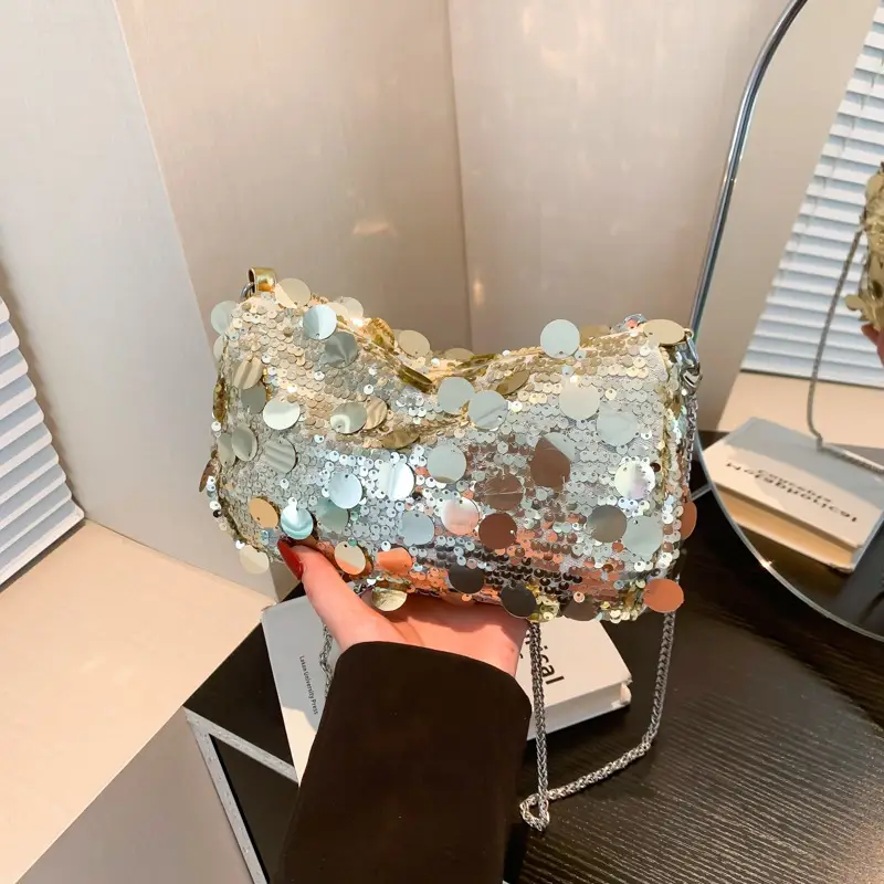 French Style Sequin Crossbody Bag Women Pink Black Silver - Image 2