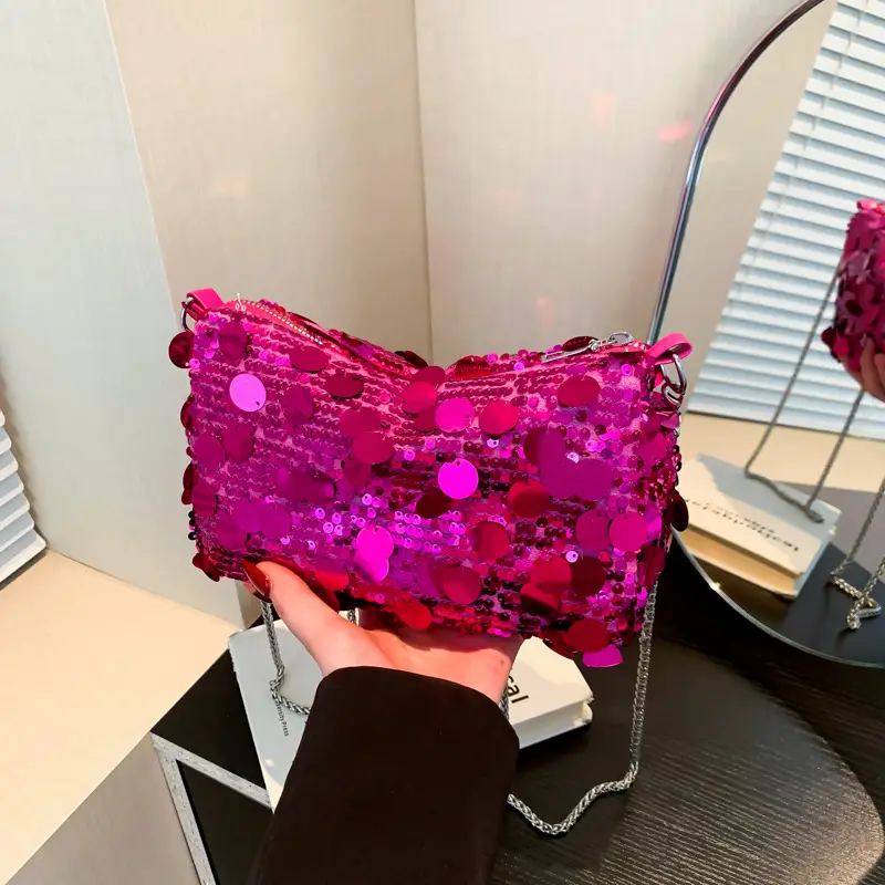French Style Sequin Crossbody Bag Women Pink Black Silver - Image 4