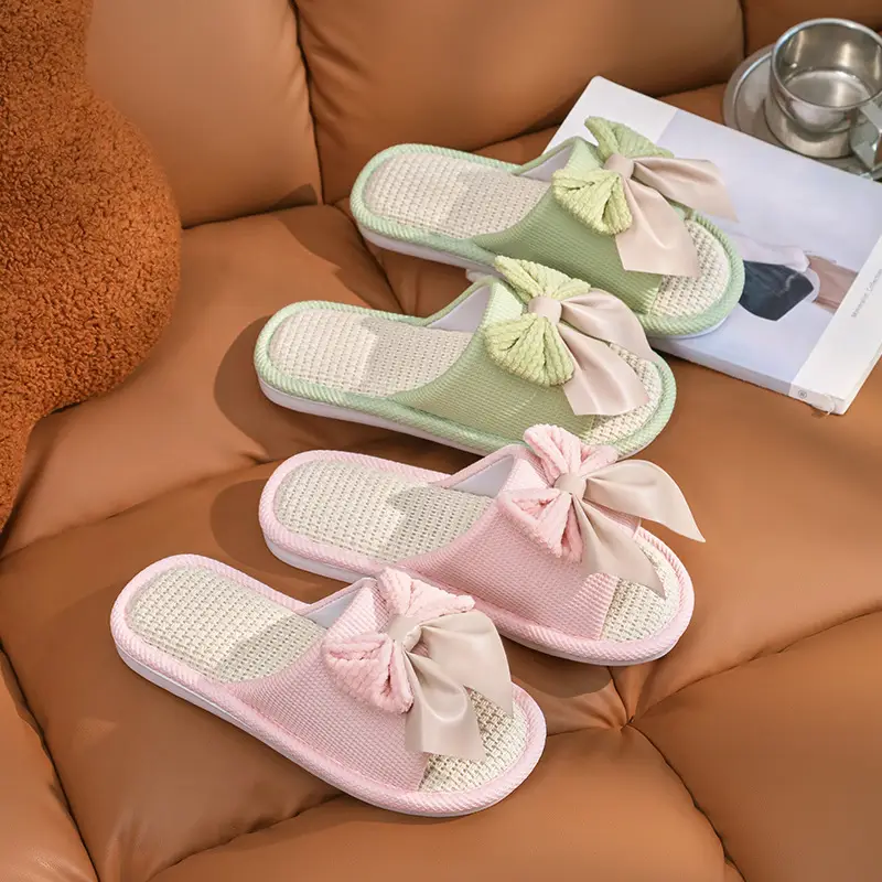 Nest Nest Good Bow Linen Slippers Women's New Four Seasons Home Indoor Floor Non-slip Cotton Linen Slippers