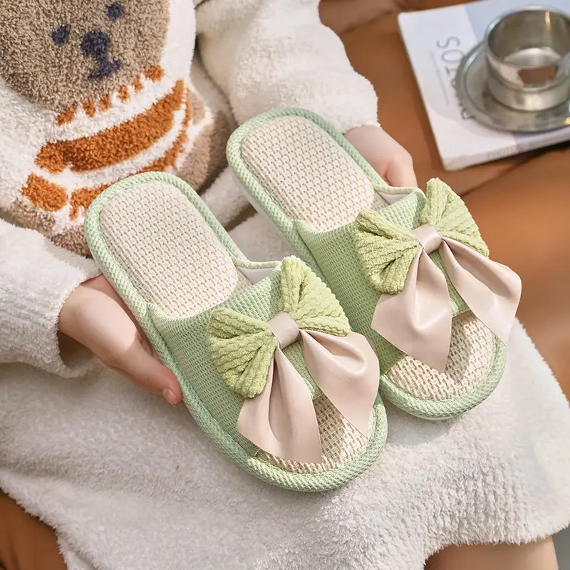 Nest Nest Good Bow Linen Slippers Women's New Four Seasons Home Indoor Floor Non-slip Cotton Linen Slippers