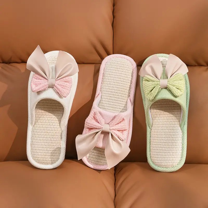 Nest Nest Good Bow Linen Slippers Women's New Four Seasons Home Indoor Floor Non-slip Cotton Linen Slippers