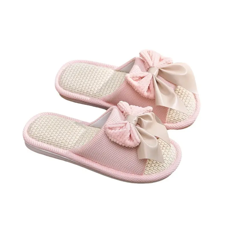 Nest Nest Good Bow Linen Slippers Women's New Four Seasons Home Indoor Floor Non-slip Cotton Linen Slippers