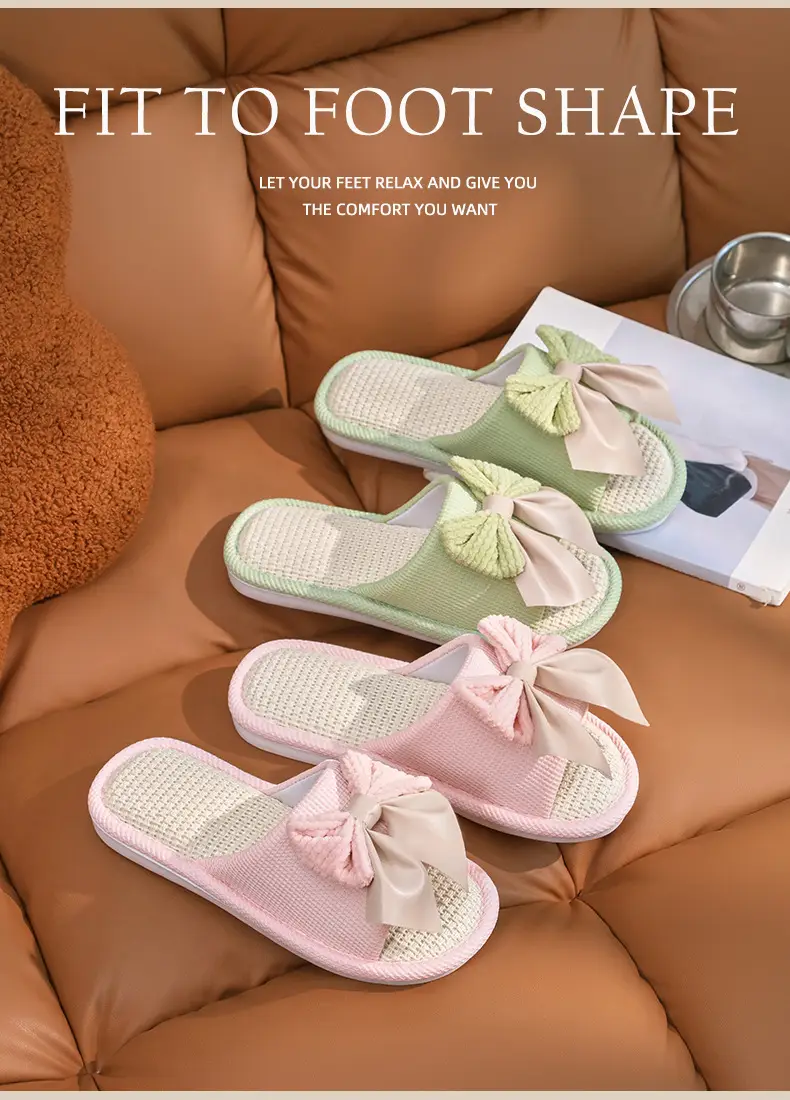 Nest Nest Good Bow Linen Slippers Women's New Four Seasons Home Indoor Floor Non-slip Cotton Linen Slippers — feature 11