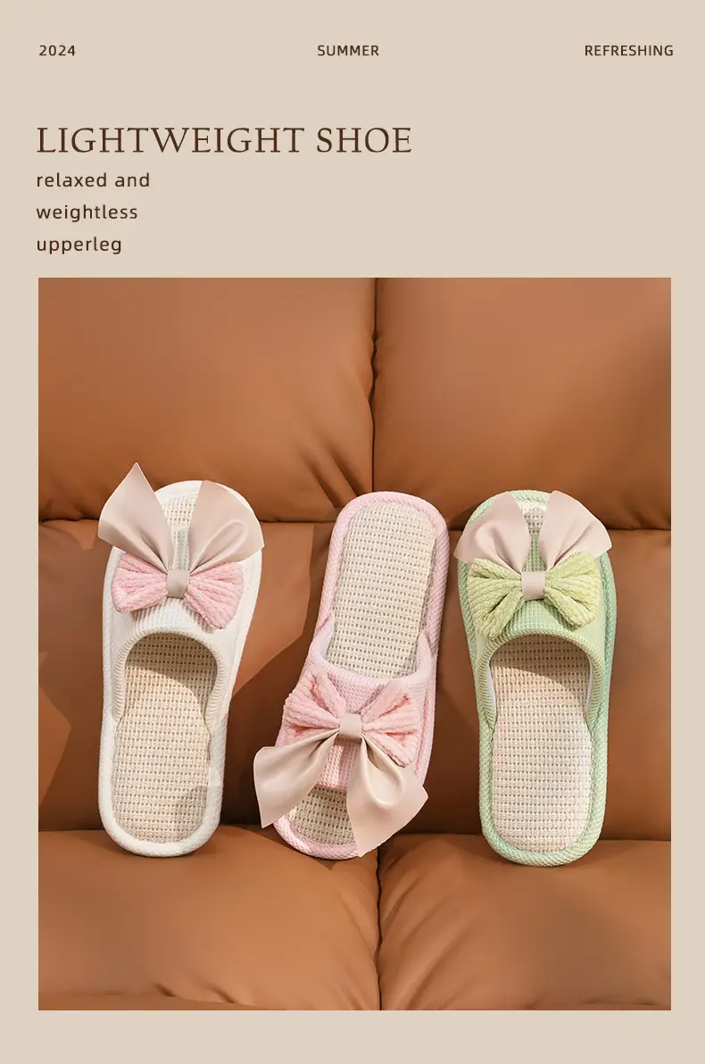 Nest Nest Good Bow Linen Slippers Women's New Four Seasons Home Indoor Floor Non-slip Cotton Linen Slippers — feature 12