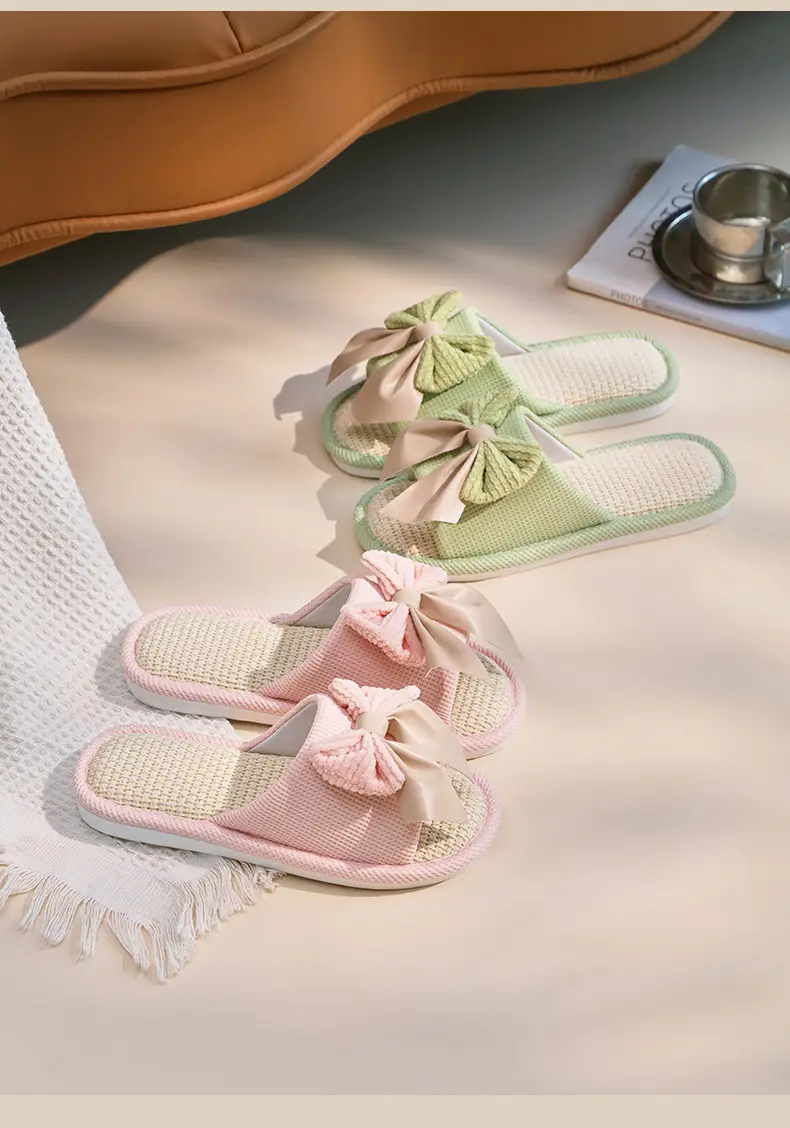 Nest Nest Good Bow Linen Slippers Women's New Four Seasons Home Indoor Floor Non-slip Cotton Linen Slippers — feature 13