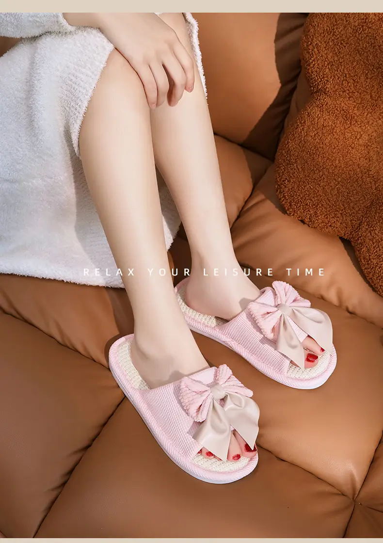 Nest Nest Good Bow Linen Slippers Women's New Four Seasons Home Indoor Floor Non-slip Cotton Linen Slippers — feature 14