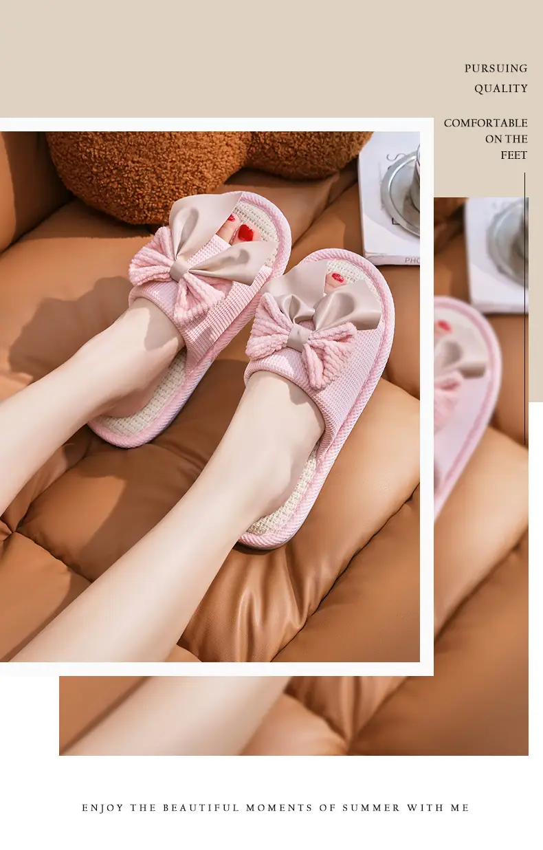 Nest Nest Good Bow Linen Slippers Women's New Four Seasons Home Indoor Floor Non-slip Cotton Linen Slippers — feature 15