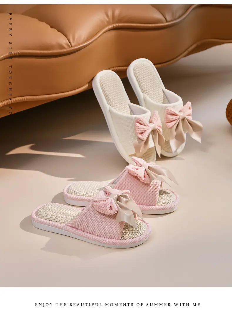 Nest Nest Good Bow Linen Slippers Women's New Four Seasons Home Indoor Floor Non-slip Cotton Linen Slippers — feature 16