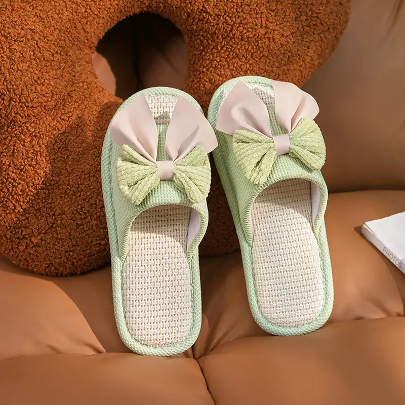 Nest Nest Good Bow Linen Slippers Women's New Four Seasons Home Indoor Floor Non-slip Cotton Linen Slippers