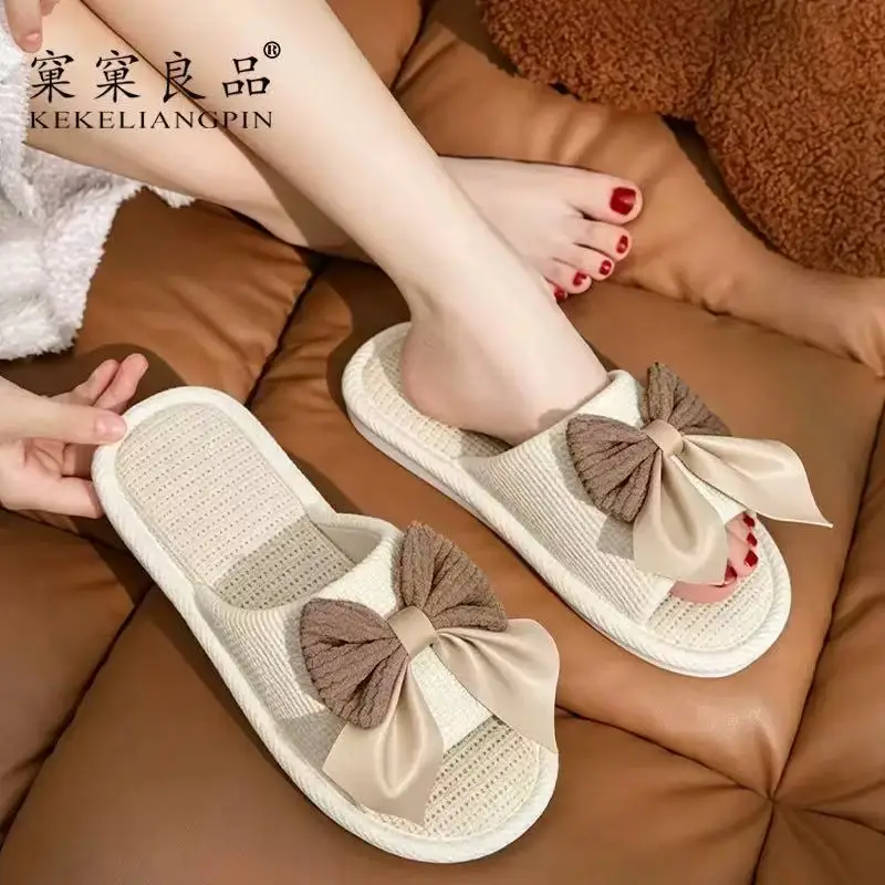 Nest Nest Good Bow Linen Slippers Women's New Four Seasons Home Indoor Floor Non-slip Cotton Linen Slippers