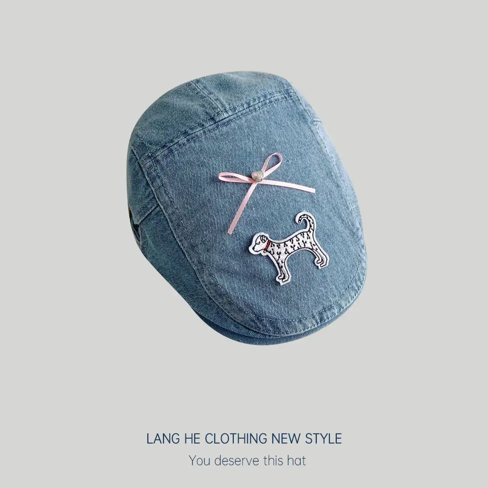 Puppy Denim Bowknot Cap Women Korean Style - Image 3