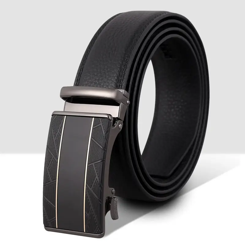 Men's Black Leather Belt with Automatic Buckle