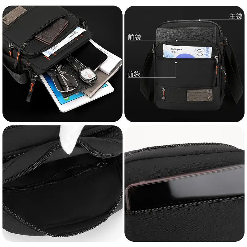 Men's Waterproof Crossbody Bag Black Multi-Layer Travel Satchel - Image 8