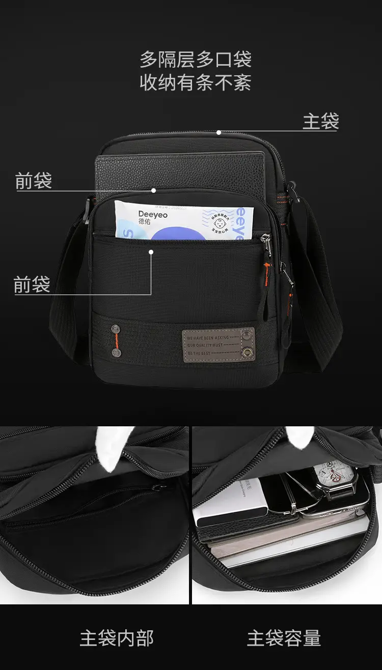 Men's Waterproof Crossbody Bag Black Multi-Layer Travel Satchel — feature 10