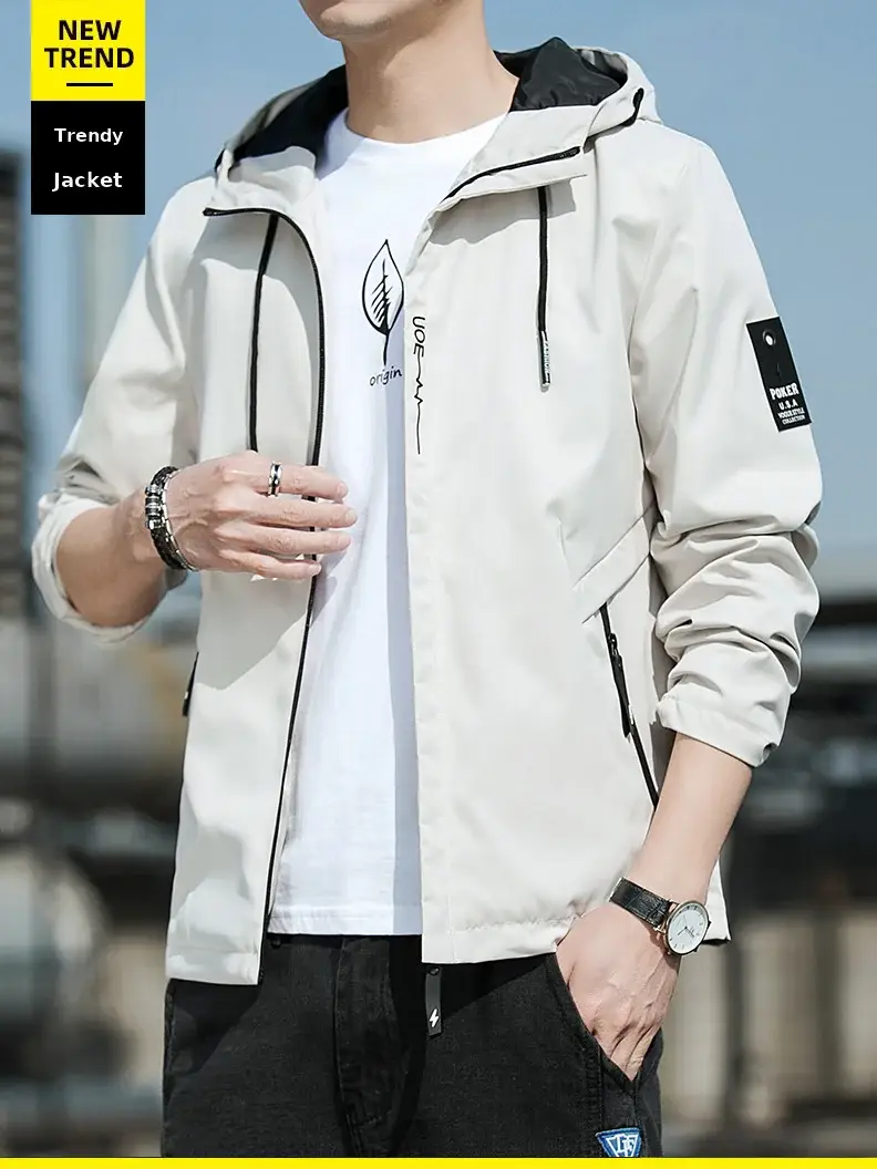 Men's Hooded Flying Jacket Beige 2024 Autumn — feature 2