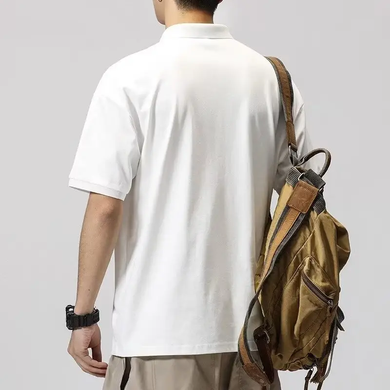 Men's White Polo T-Shirt Short Sleeve Loose Fit - Image 5