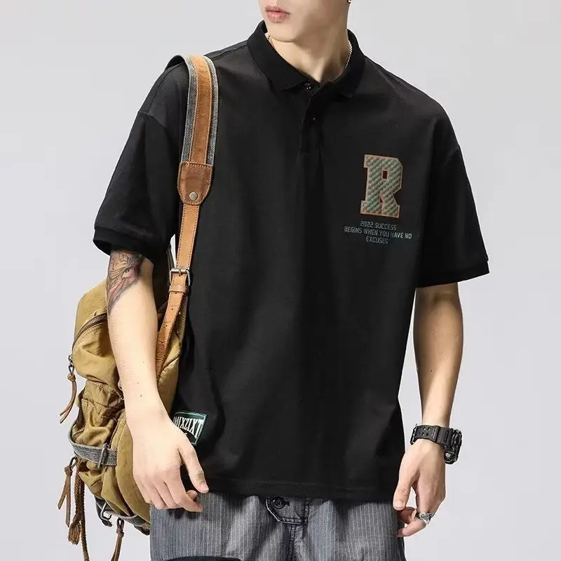 Men's White Polo T-Shirt Short Sleeve Loose Fit - Image 6