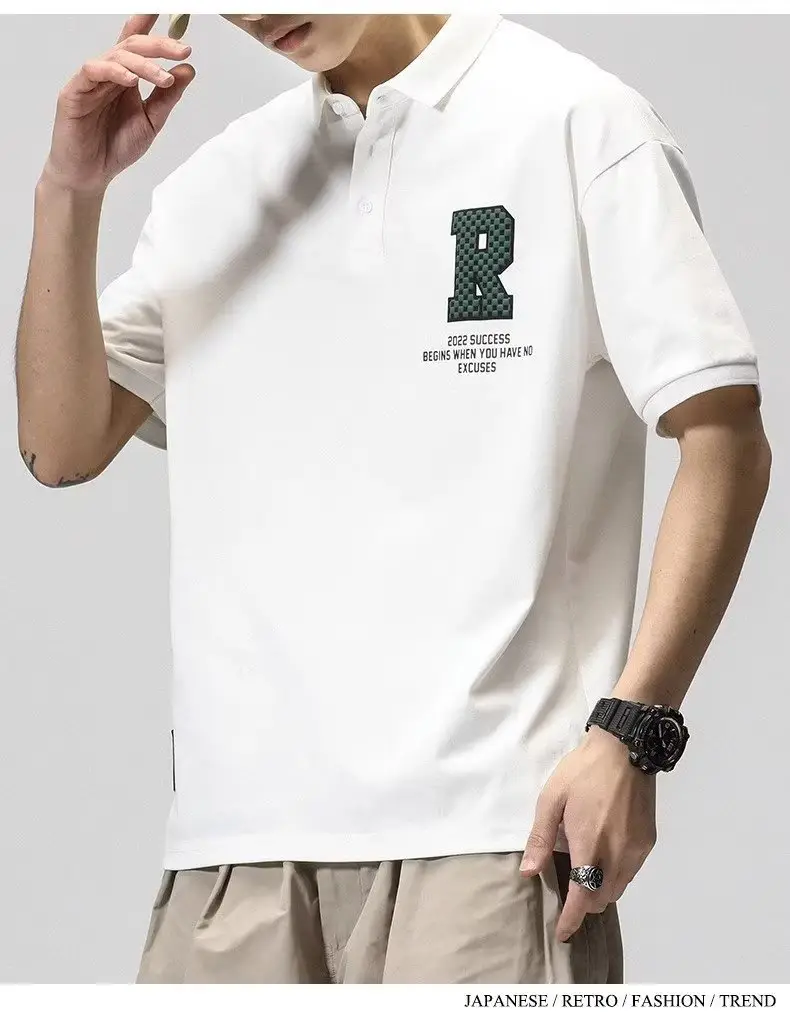 Men's White Polo T-Shirt Short Sleeve Loose Fit — feature 10