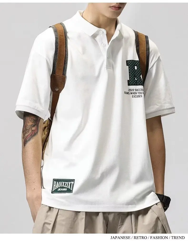 Men's White Polo T-Shirt Short Sleeve Loose Fit — feature 11