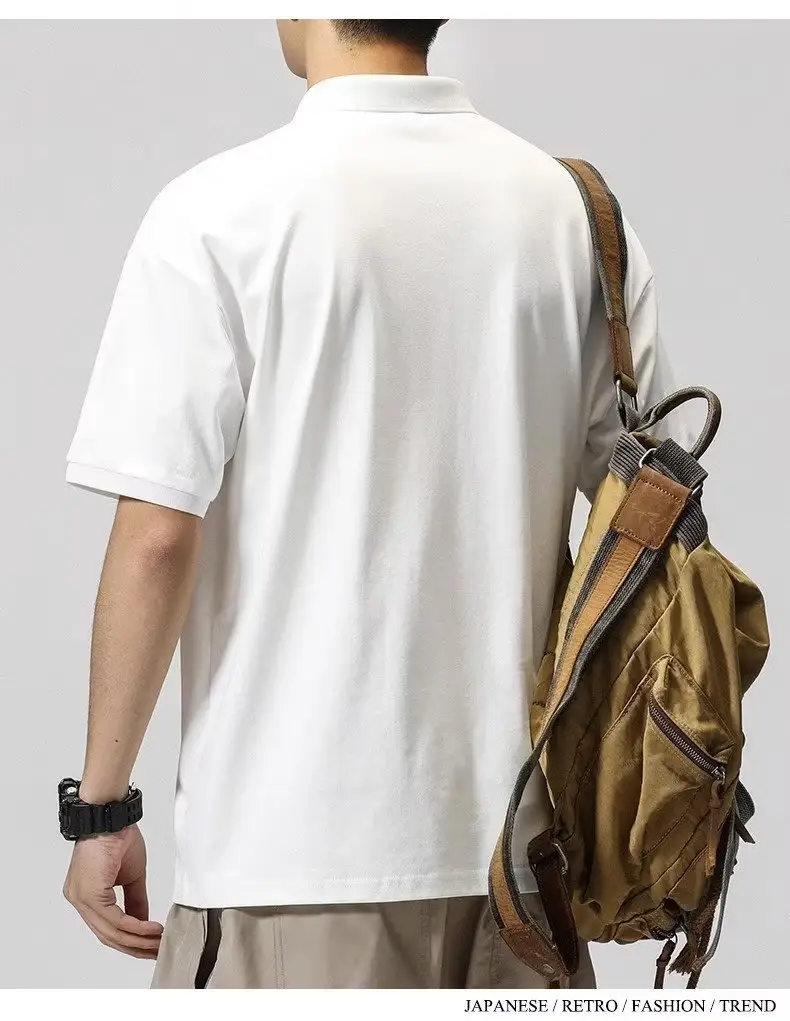 Men's White Polo T-Shirt Short Sleeve Loose Fit — feature 12