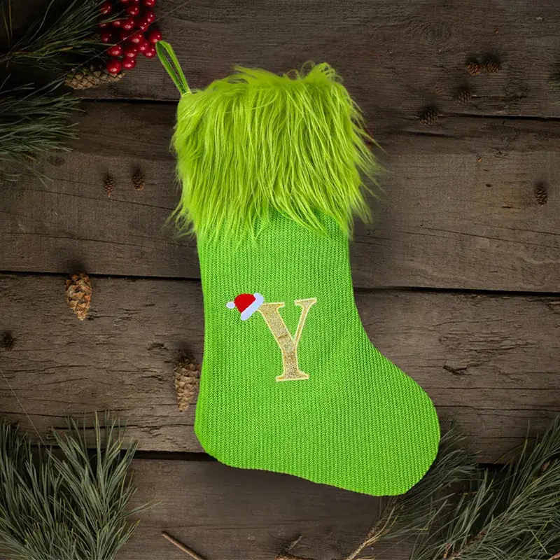 Green Knitted Christmas Stocking with Hair Monster Design - Image 28