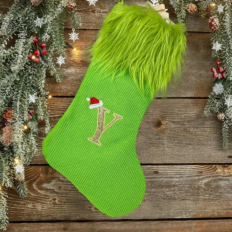 Green Knitted Christmas Stocking with Hair Monster Design - Image 29