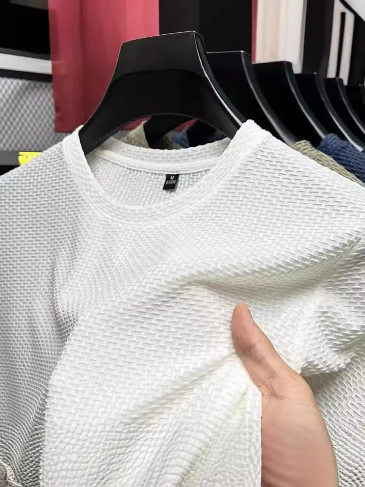 Men Ice Silk T-Shirt Blue Solid Short Sleeve - Image 9
