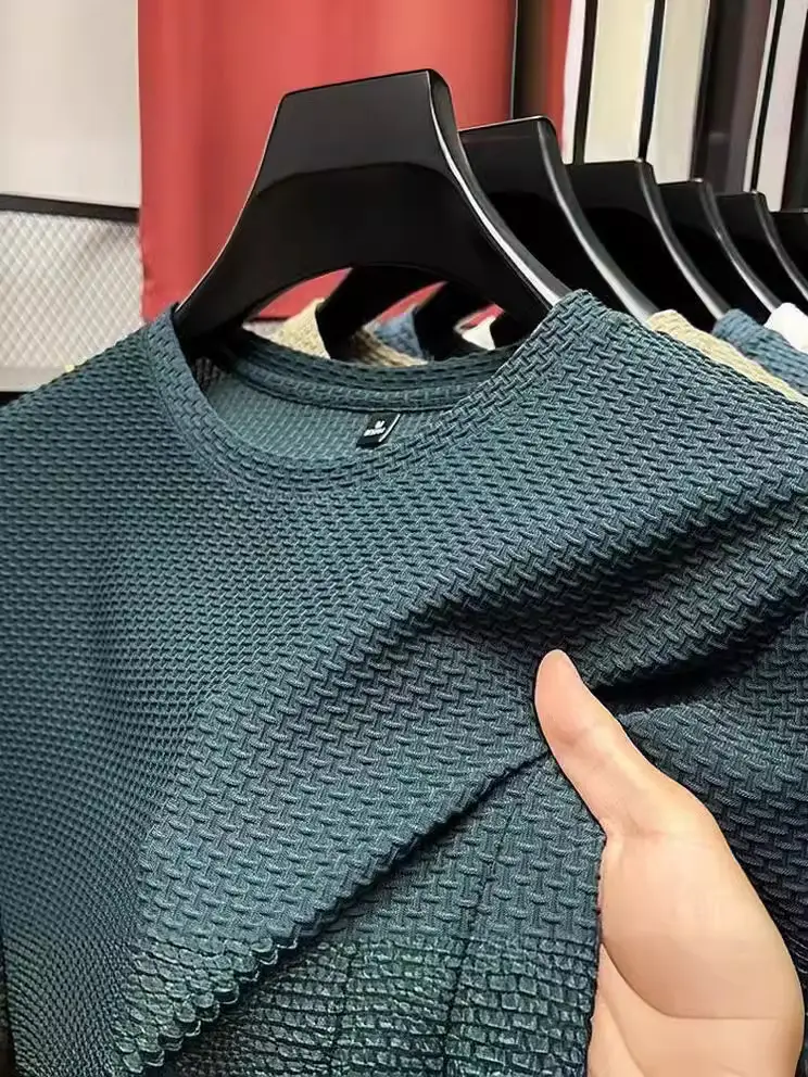 Men Ice Silk T-Shirt Blue Solid Short Sleeve - Image 10