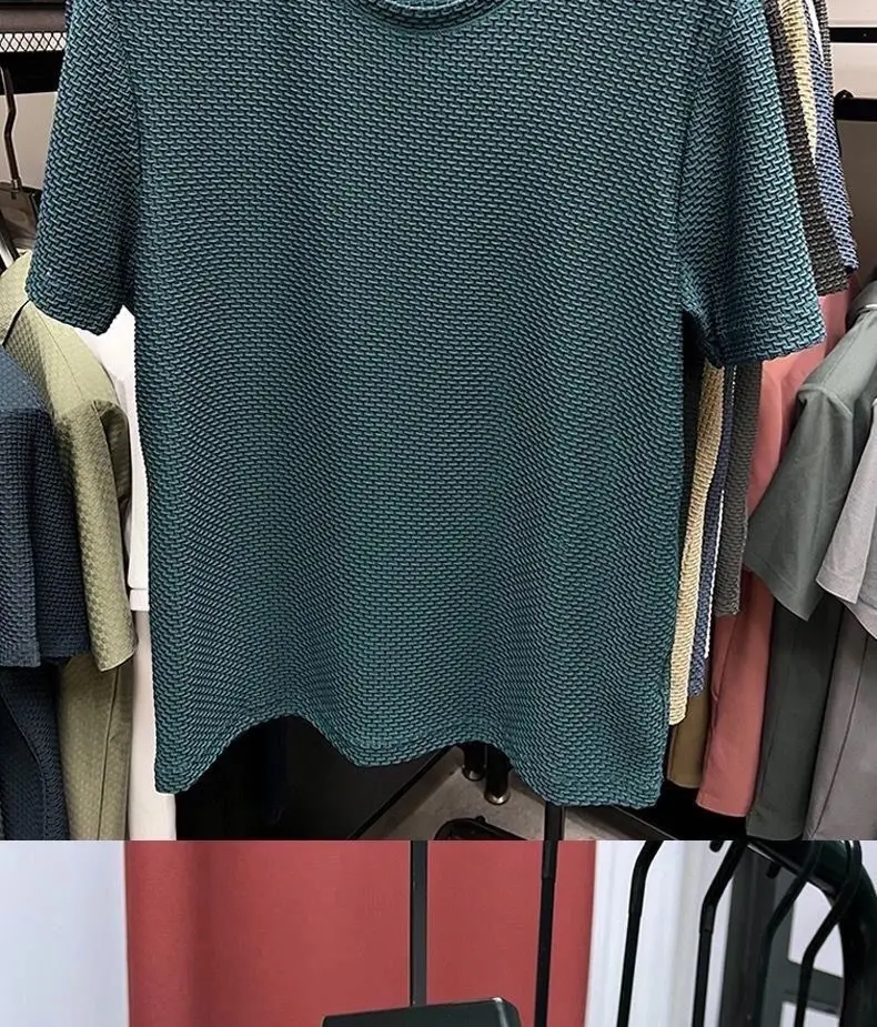 Men Ice Silk T-Shirt Blue Solid Short Sleeve — feature 14