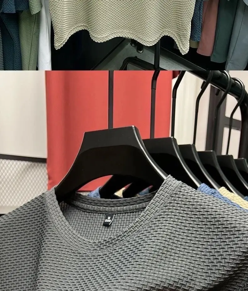 Men Ice Silk T-Shirt Blue Solid Short Sleeve — feature 17