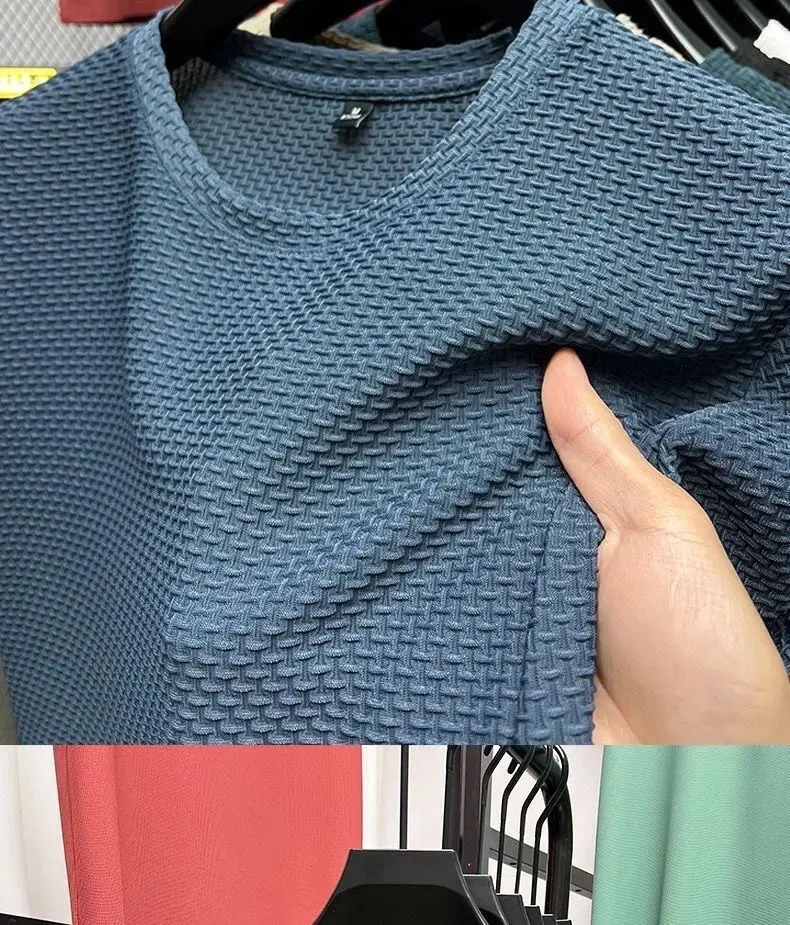 Men Ice Silk T-Shirt Blue Solid Short Sleeve — feature 20
