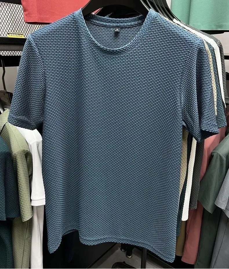 Men Ice Silk T-Shirt Blue Solid Short Sleeve — feature 21