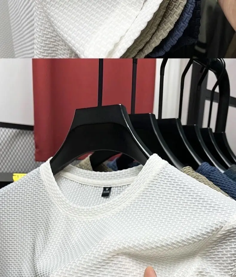Men Ice Silk T-Shirt Blue Solid Short Sleeve — feature 4