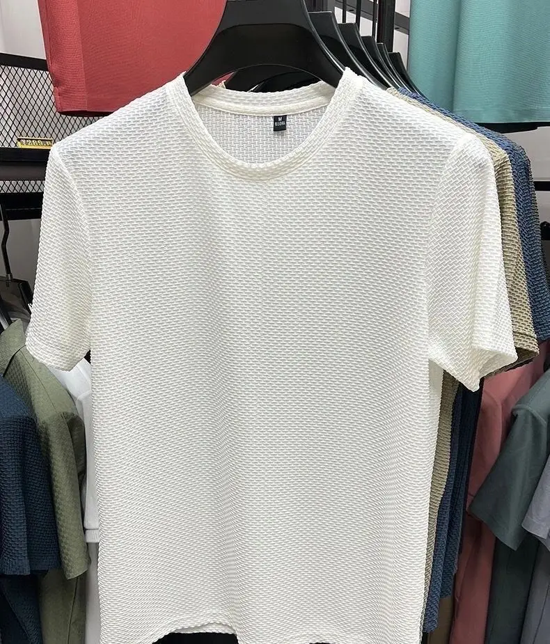 Men Ice Silk T-Shirt Blue Solid Short Sleeve — feature 9