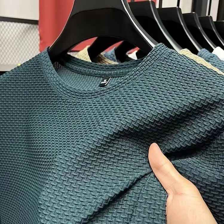Men Ice Silk T-Shirt Blue Solid Short Sleeve - Image 4