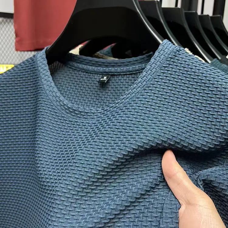 Men Ice Silk T-Shirt Blue Solid Short Sleeve - Image 5