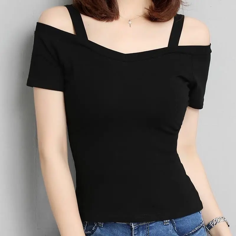Women's T-Shirt 2025 Summer Korean Style Black Off-Shoulder Strap Short-Sleeve T-Shirt Women's Off-Shoulder Sexy Top Trendy