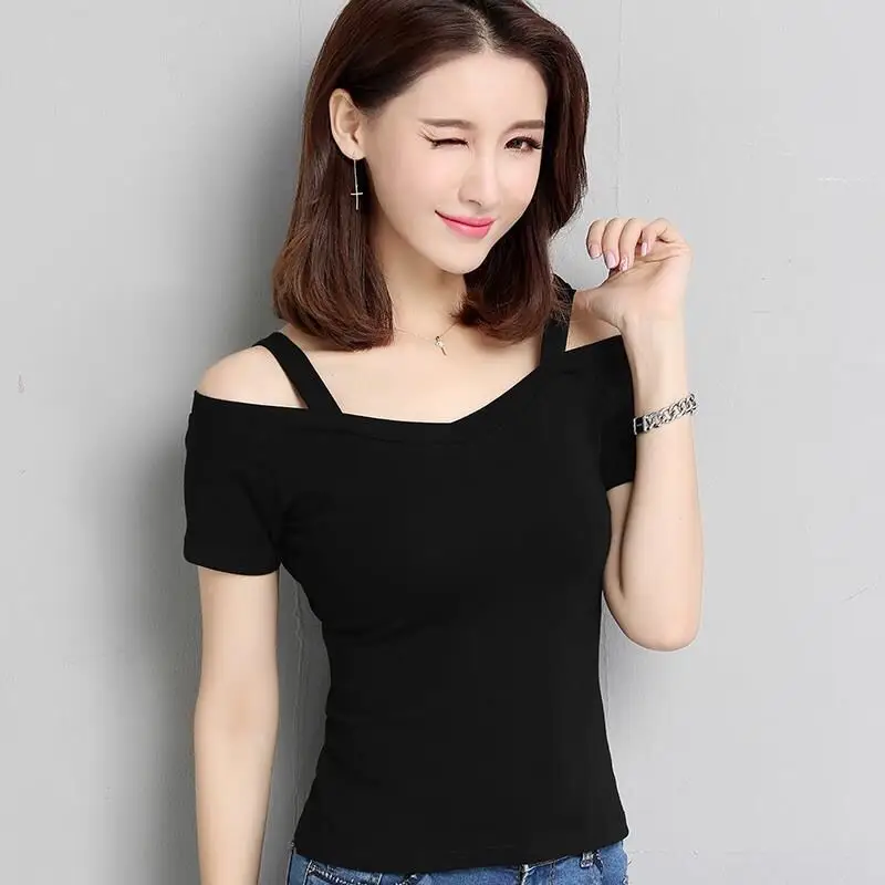 Women's T-Shirt 2025 Summer Korean Style Black Off-Shoulder Strap Short-Sleeve T-Shirt Women's Off-Shoulder Sexy Top Trendy