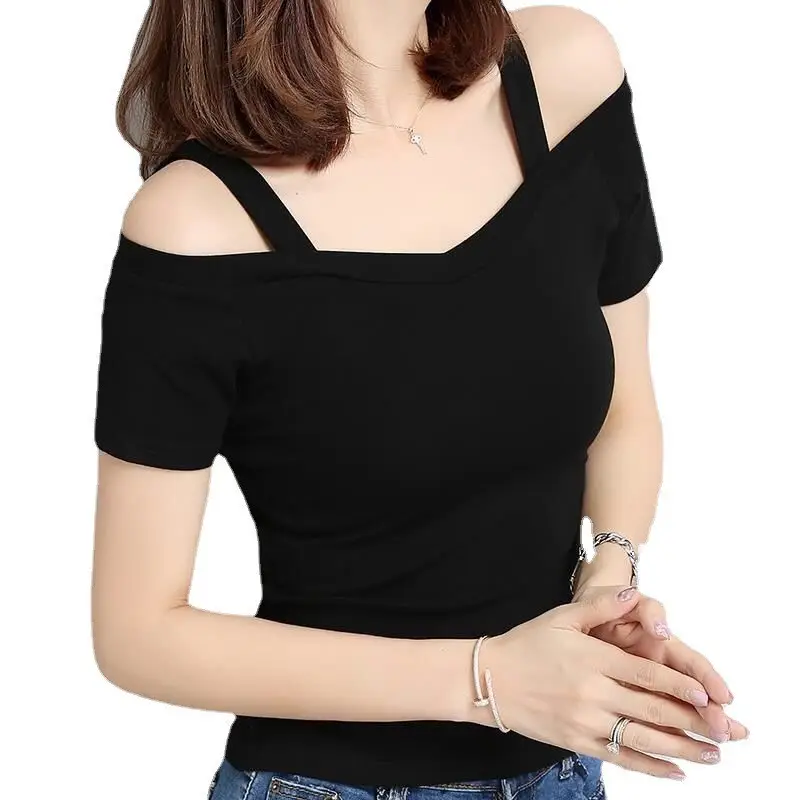 Women's T-Shirt 2025 Summer Korean Style Black Off-Shoulder Strap Short-Sleeve T-Shirt Women's Off-Shoulder Sexy Top Trendy