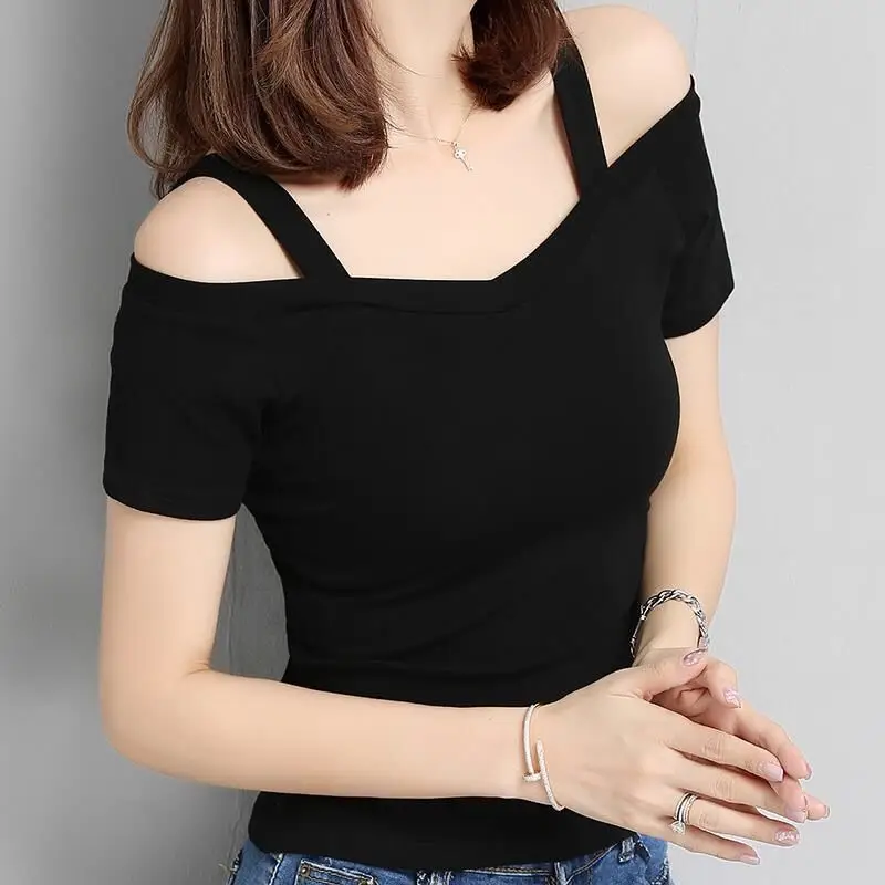 Women's T-Shirt 2025 Summer Korean Style Black Off-Shoulder Strap Short-Sleeve T-Shirt Women's Off-Shoulder Sexy Top Trendy — feature 1