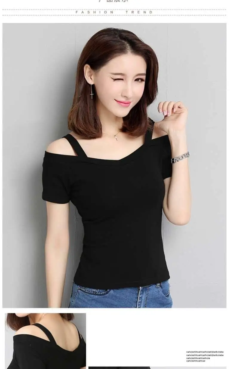 Women's T-Shirt 2025 Summer Korean Style Black Off-Shoulder Strap Short-Sleeve T-Shirt Women's Off-Shoulder Sexy Top Trendy — feature 13