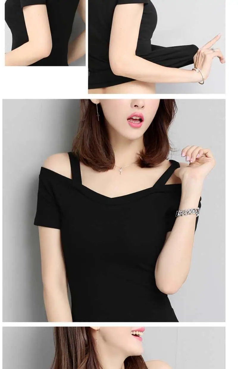 Women's T-Shirt 2025 Summer Korean Style Black Off-Shoulder Strap Short-Sleeve T-Shirt Women's Off-Shoulder Sexy Top Trendy — feature 14
