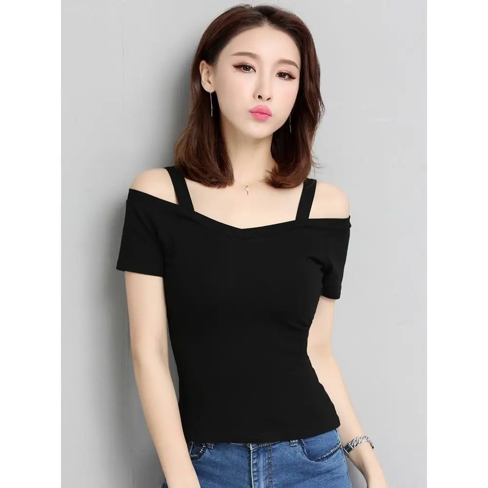 Women's T-Shirt 2025 Summer Korean Style Black Off-Shoulder Strap Short-Sleeve T-Shirt Women's Off-Shoulder Sexy Top Trendy — feature 4