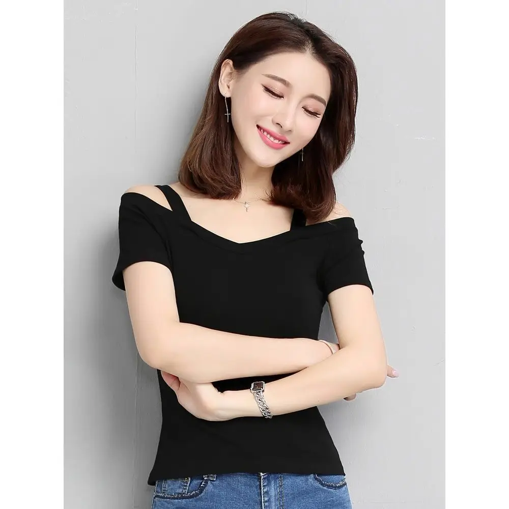 Women's T-Shirt 2025 Summer Korean Style Black Off-Shoulder Strap Short-Sleeve T-Shirt Women's Off-Shoulder Sexy Top Trendy — feature 5