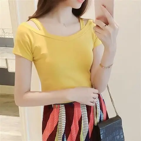 Women's T-Shirt 2025 Summer Korean Style Black Off-Shoulder Strap Short-Sleeve T-Shirt Women's Off-Shoulder Sexy Top Trendy — feature 7