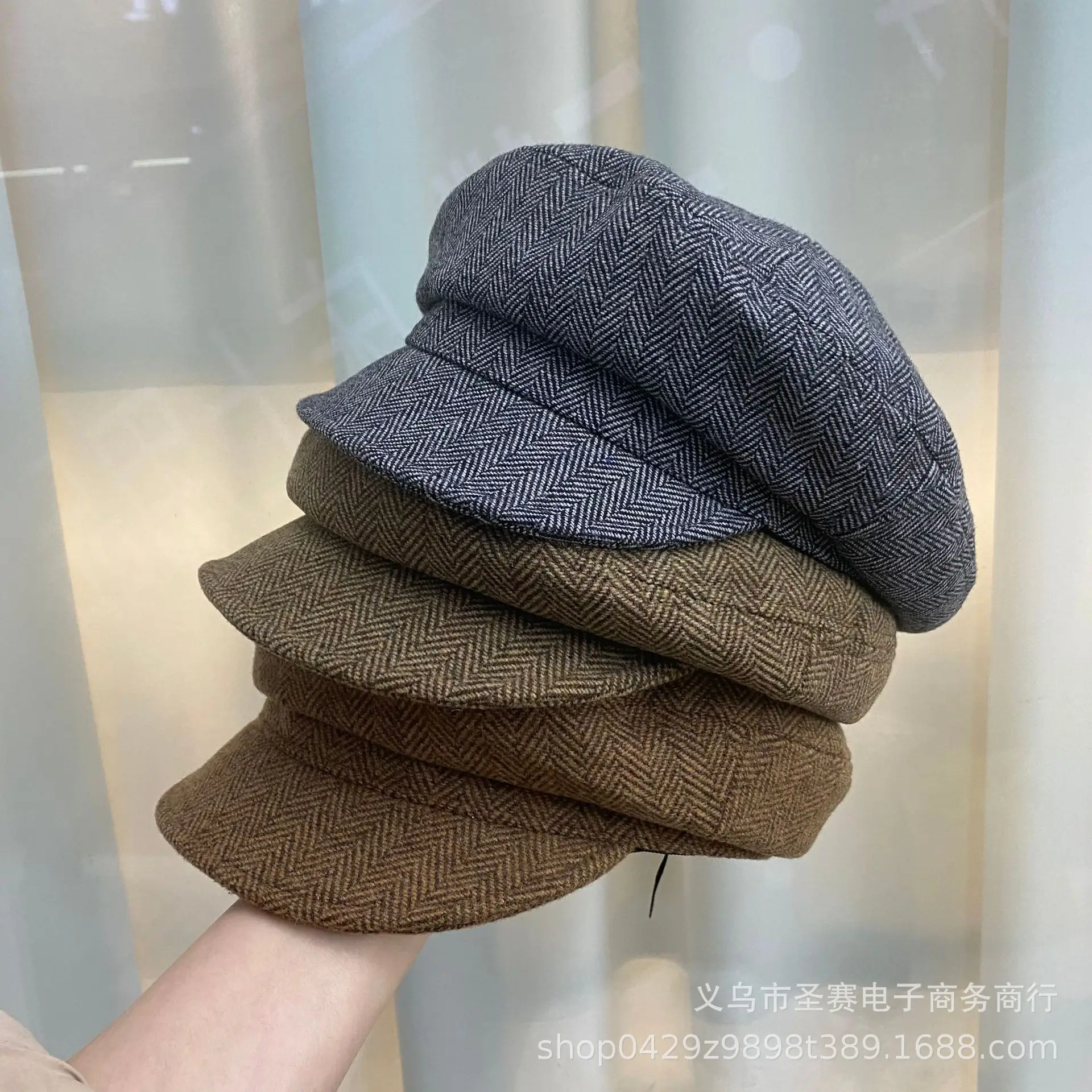 Women British Retro Hat Brown Herringbone Large Cap - Image 4