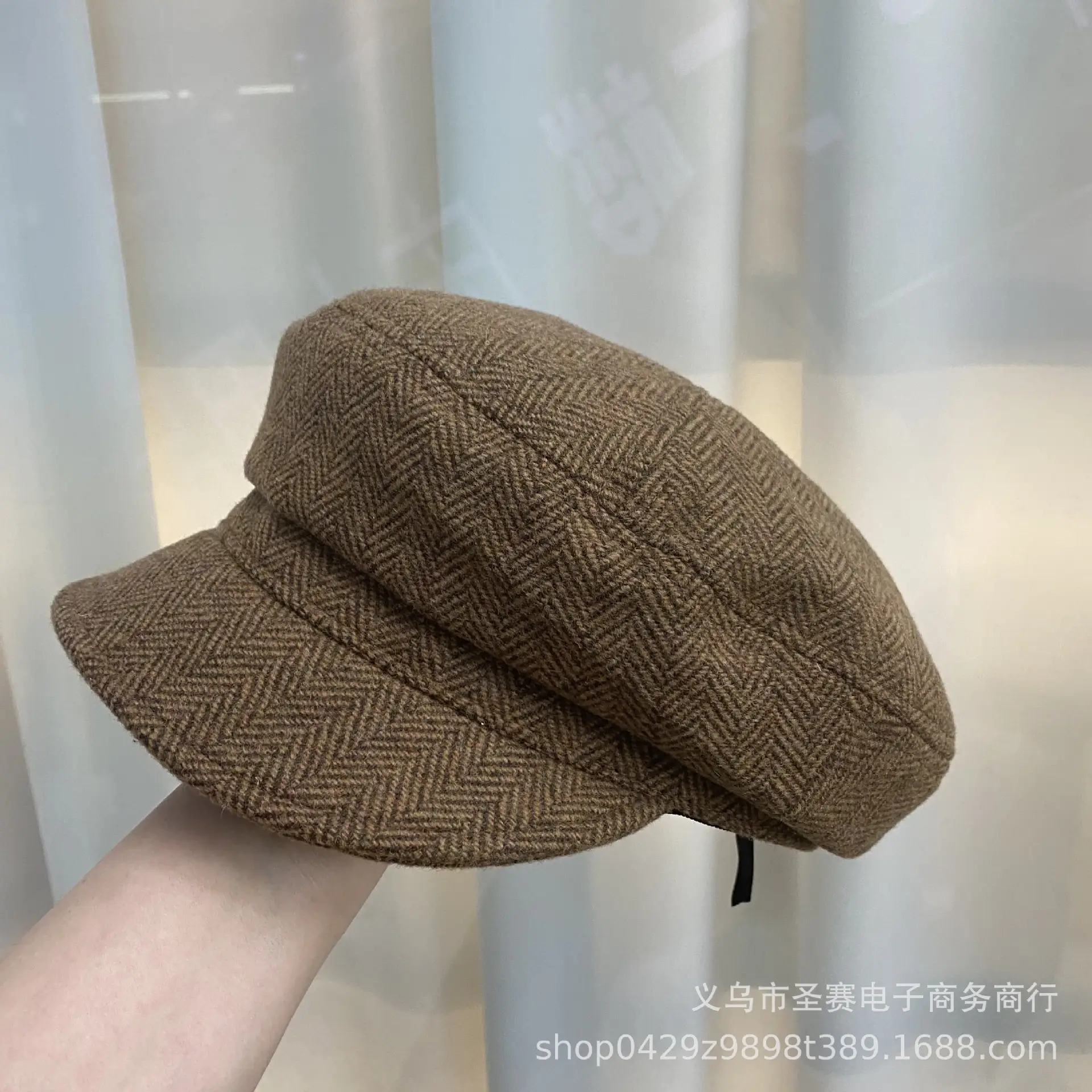 Women British Retro Hat Brown Herringbone Large Cap - Image 3