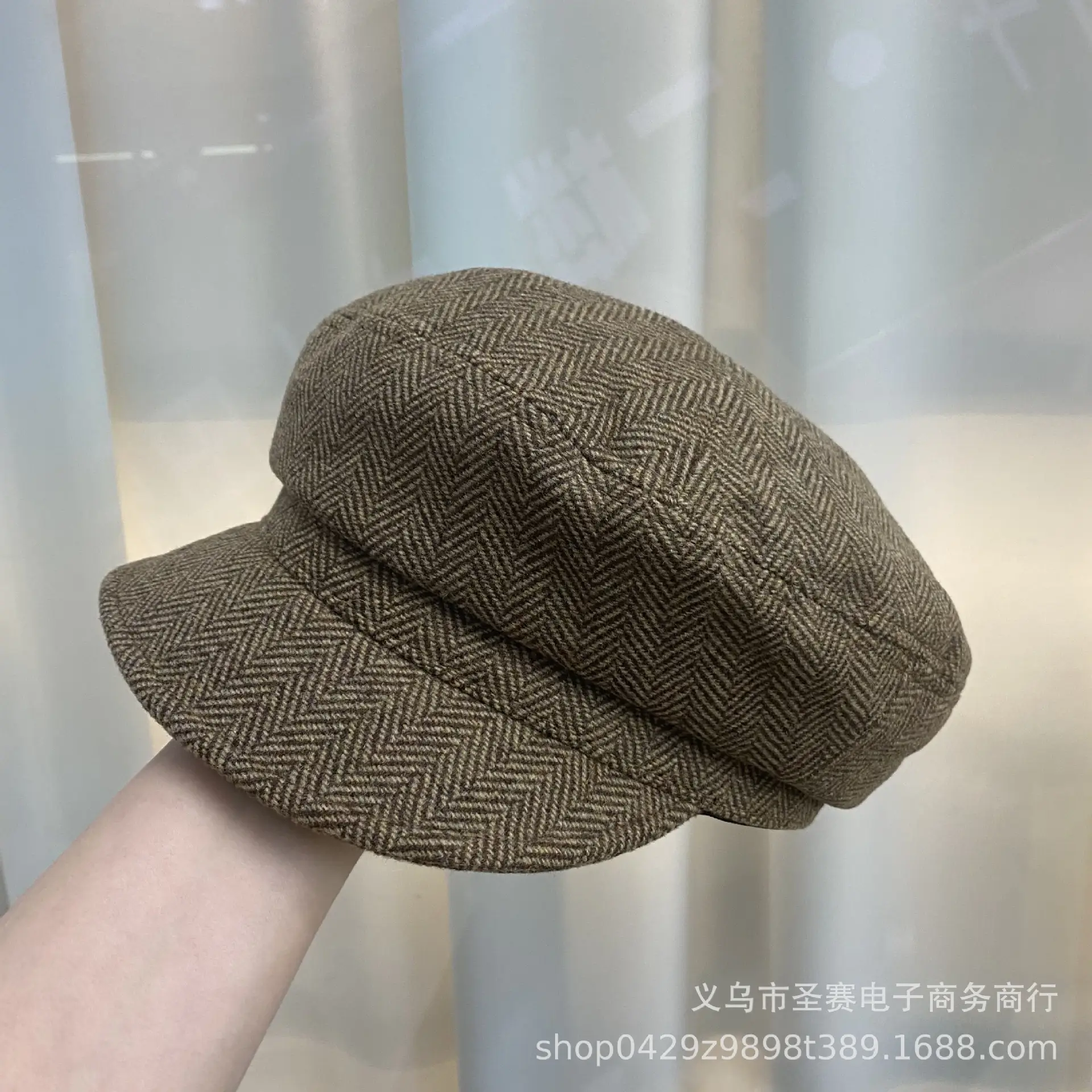 Women British Retro Hat Brown Herringbone Large Cap - Image 2
