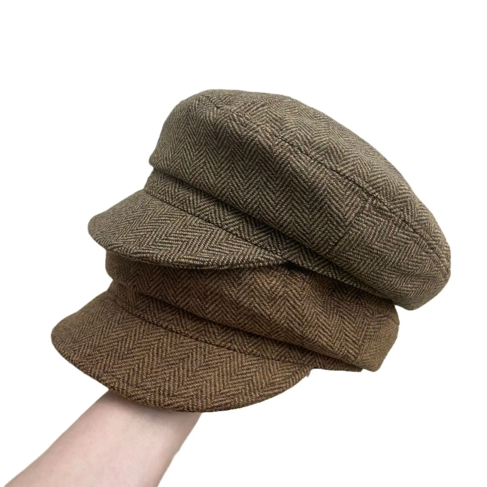 Women British Retro Hat Brown Herringbone Large Cap - Image 5
