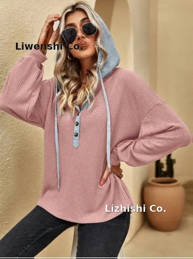 Women's Pink Hooded Sweatshirt Long Sleeve Button Down — feature 1